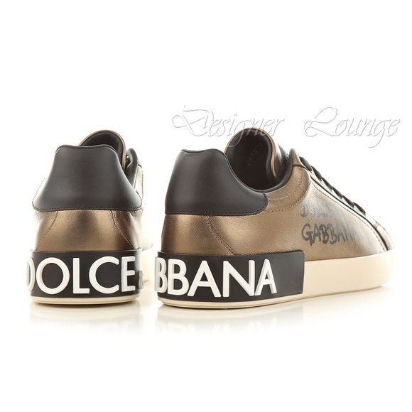 NEW DOLCE & GABBANA Gold-Tone Leather Logo Men's PORTOFINO Sneakers EU 42 / US 9 - Picture 6 of 10